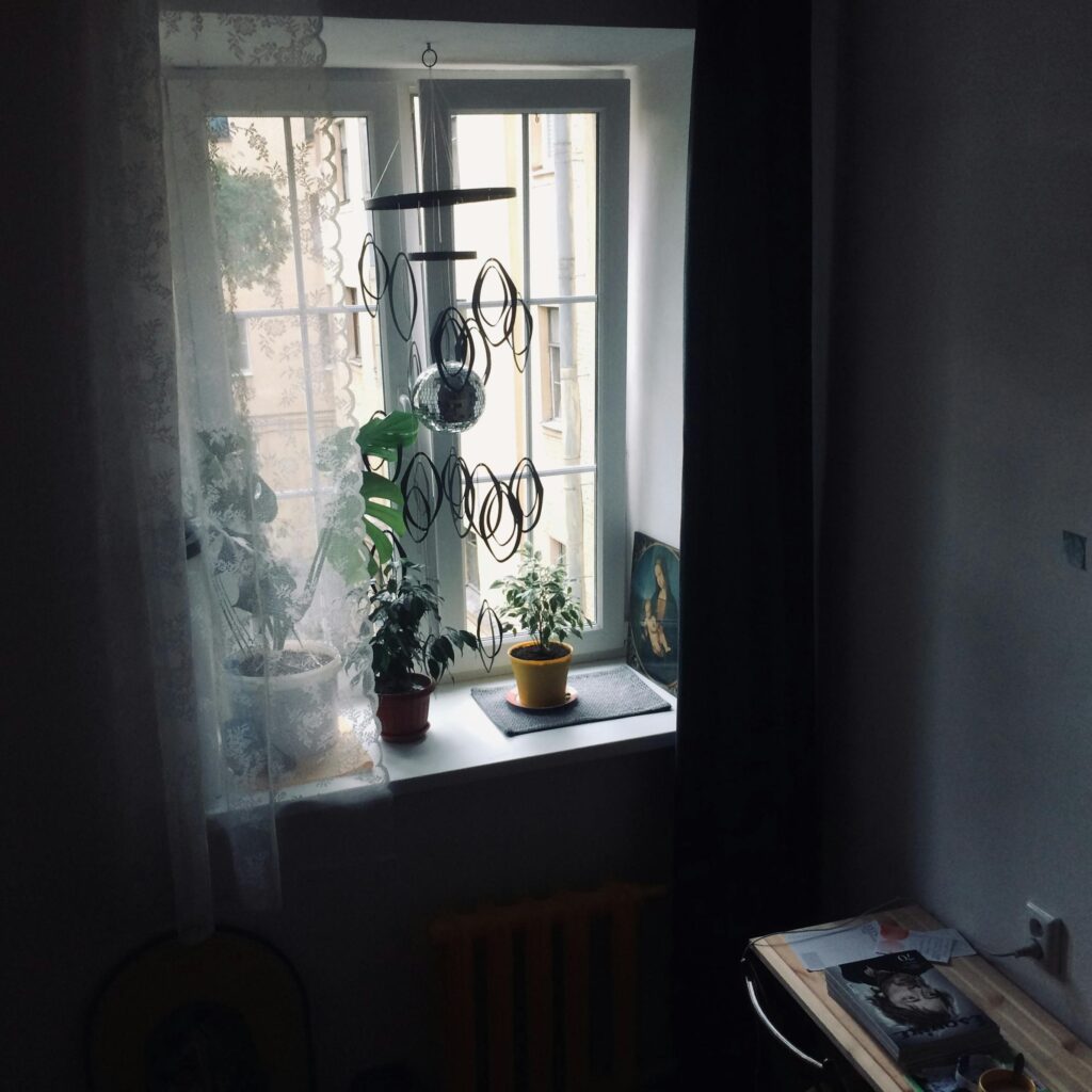 An intimate Sankt-Peterburg interior with plants, window, and decor, capturing tranquil indoor daylight.